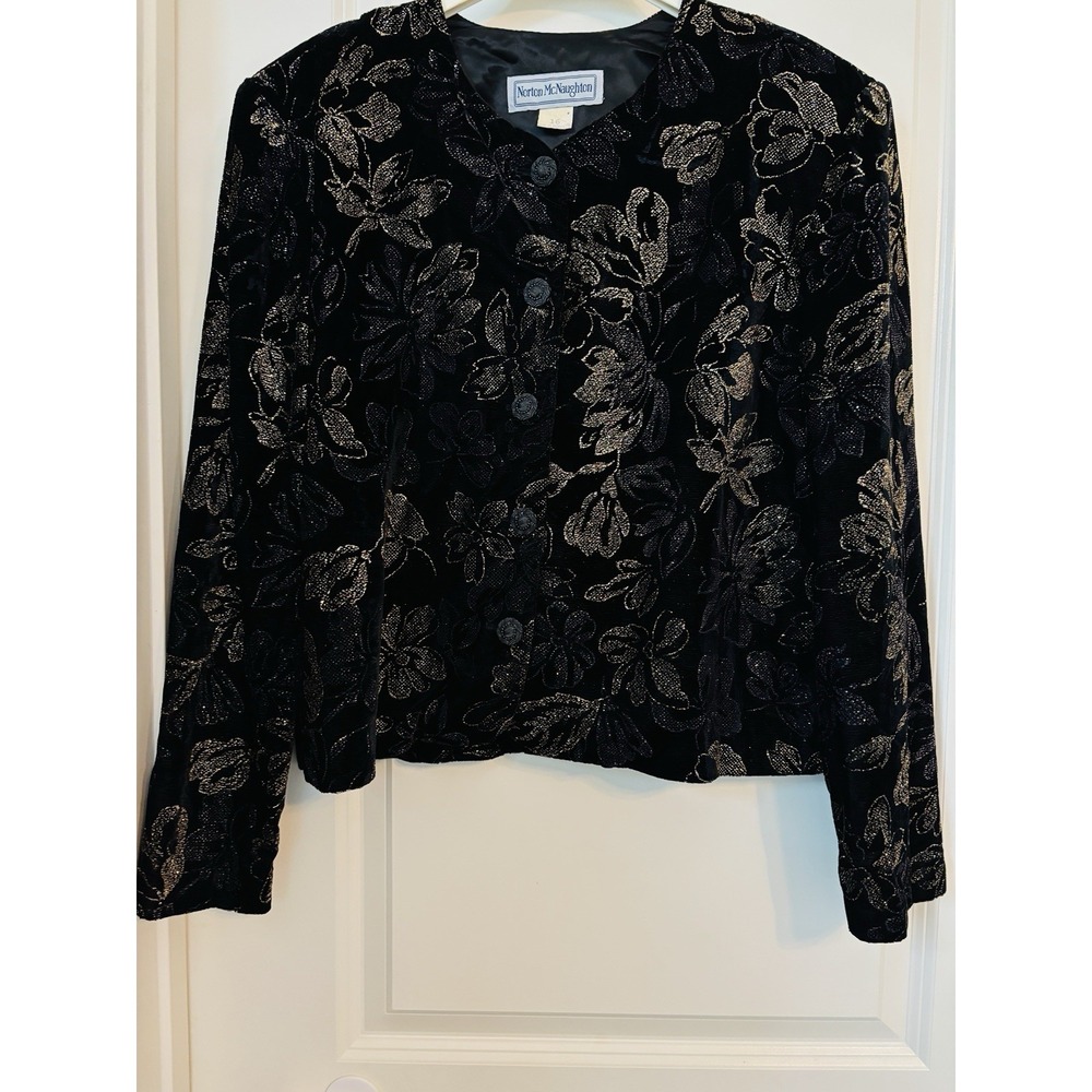 VTG Norton McNaughton Black Gold Metallic Floral Velvet Button Front Jacket 16
